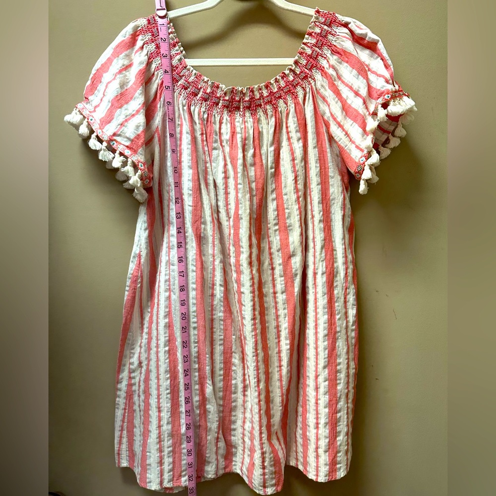 Umgee Pink and White Striped Mini Dress with Pom Trim